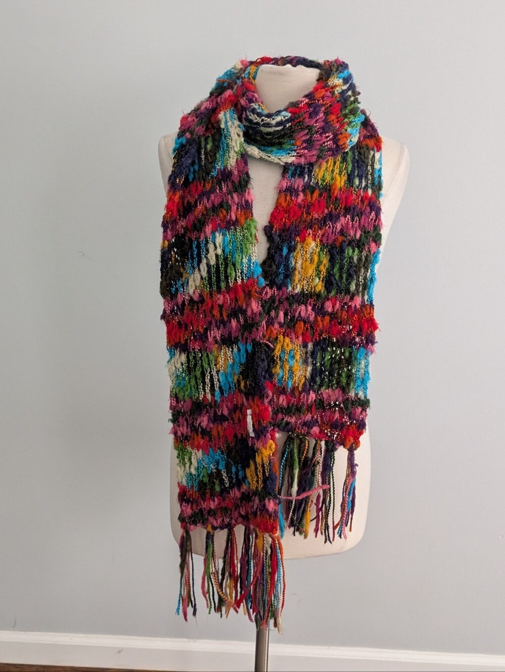 Women's Rainbow Textured Scarf With Fringe  Multicolored Art To Wear